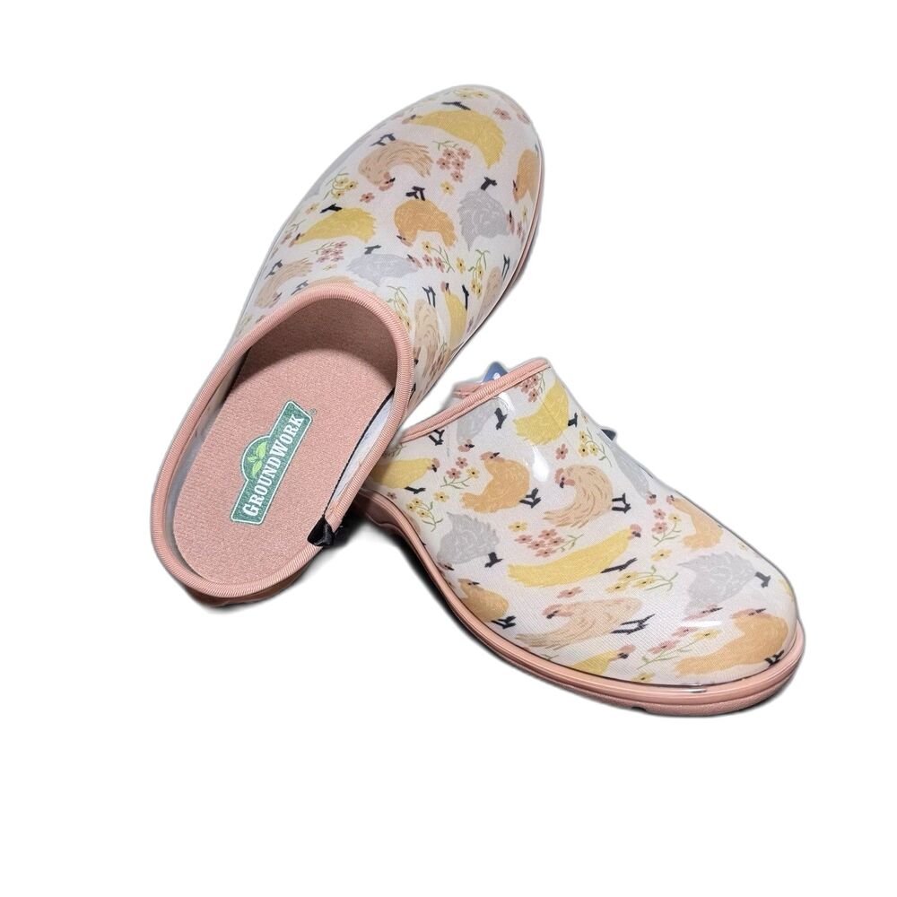 NWT Groundwork Clogs Women's 8 CHICKEN Print Garden Shoes Waterproof Slip On